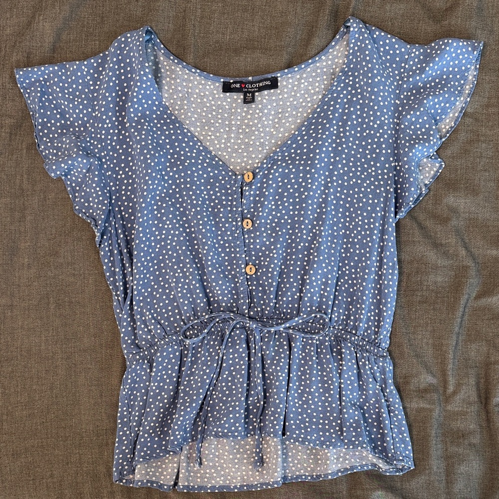 One Clothing Blue and White Polka Dot Blouse